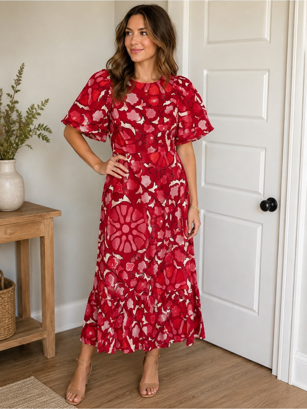 RHODE Red and White Floral Midi Dress